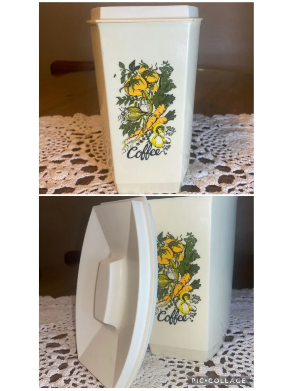 Vintage 1970s white plastic kitchen coffee canister with a vegetables